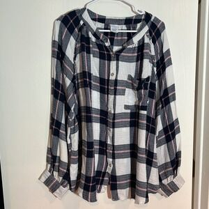 Time and Tru Maternity XXL 20 Plaid Button Down Shirt Navy White Pink
